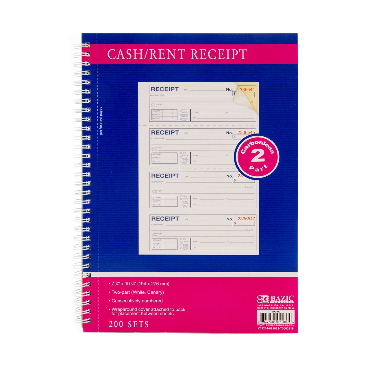 BAZIC Cash or Rent Spiral Bound Receipt Book 2-Part Carbonless (200 Sets)
